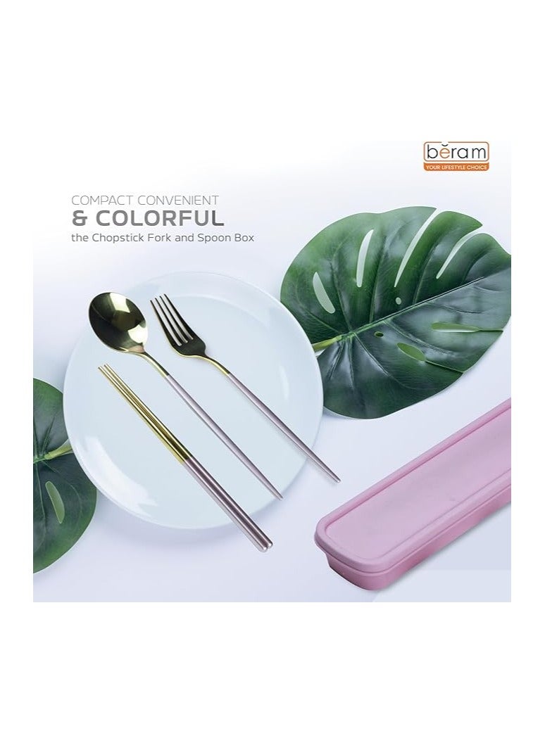 بيرام مجموعة أدوات المائدة بيرام تشوب فورك آند سبون – 4 قطع مع علبة تخزين (وردي) ملعقة، شوكة، عيدان طعام (Chopsticks) بمقابض أنيقة غير قابلة للانزلاق | مجموعة أدوات مائدة قابلة لإعادة الاستخدام للاستخدام في المنزل، المكتب، السفر، والمطاعم. - Image 4