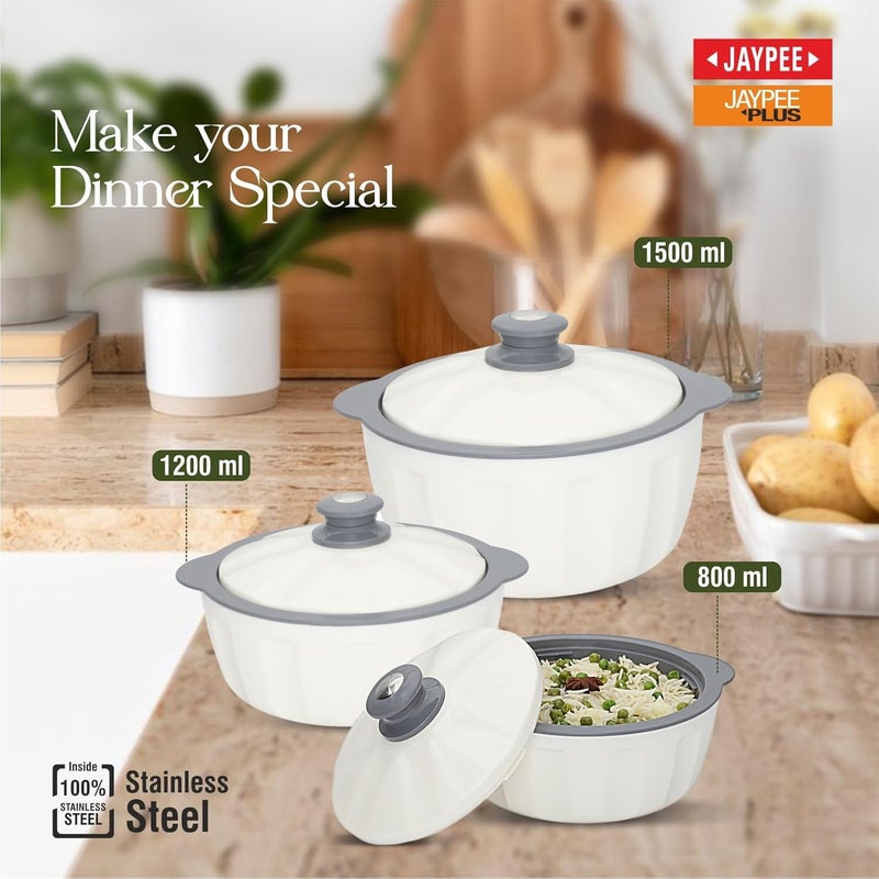 JAYPEE HOTFEAST Inner Stainless Steel Casserole Set of 3 with Lockable Lid80012001500 ml BPA Free Food Grade Serving Set Ideal for Warm Fresh Food ChapattiWhite - Image 3