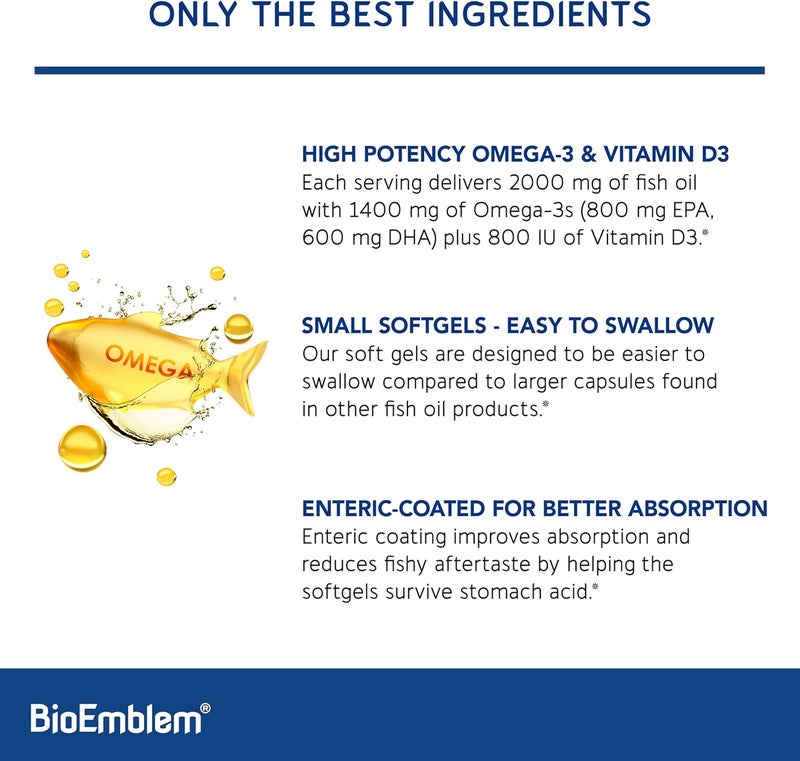 BioEmblem Omega3 Fish Oil 2000mg  Small Size Softgels High Absorption Form Sustainable  1400mg EPA DHA Plus Vitamin D3 NonGMO Heart Joint  Brain Health Fish Oil Supplement 120 Ct - Image 3
