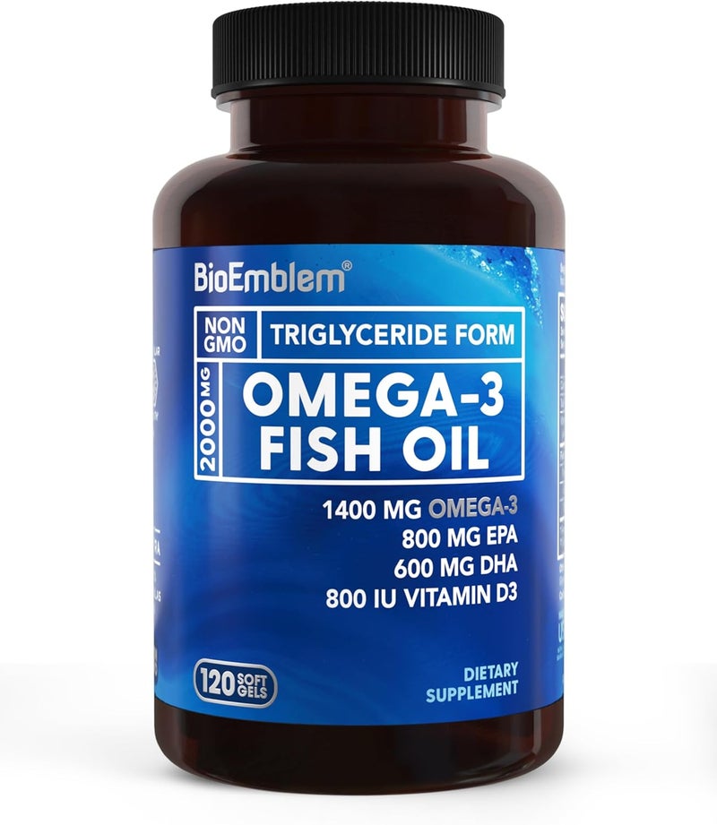 BioEmblem Omega3 Fish Oil 2000mg  Small Size Softgels High Absorption Form Sustainable  1400mg EPA DHA Plus Vitamin D3 NonGMO Heart Joint  Brain Health Fish Oil Supplement 120 Ct - Image 1