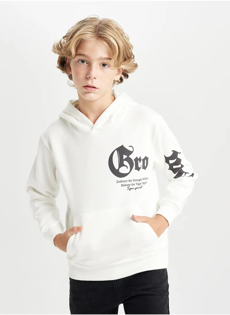 ديفاكتو Ecru Hooded Slogan Printed Thick Sweatshirt