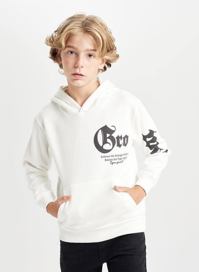 DeFacto Ecru Hooded Slogan Printed Thick Sweatshirt  - Image 1