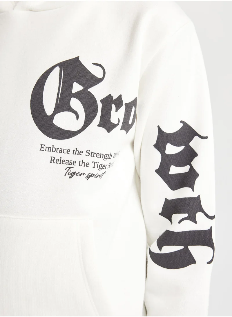 DeFacto Ecru Hooded Slogan Printed Thick Sweatshirt