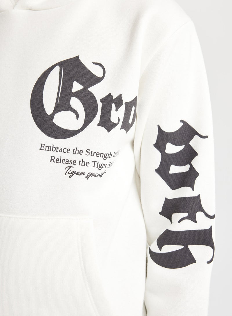 DeFacto Ecru Hooded Slogan Printed Thick Sweatshirt  - Image 3