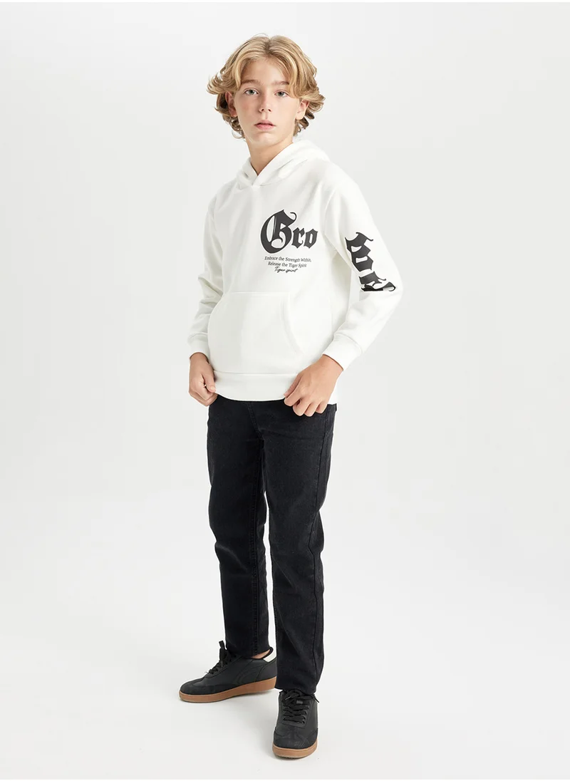 DeFacto Ecru Hooded Slogan Printed Thick Sweatshirt