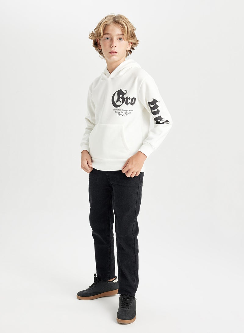 DeFacto Ecru Hooded Slogan Printed Thick Sweatshirt  - Image 4