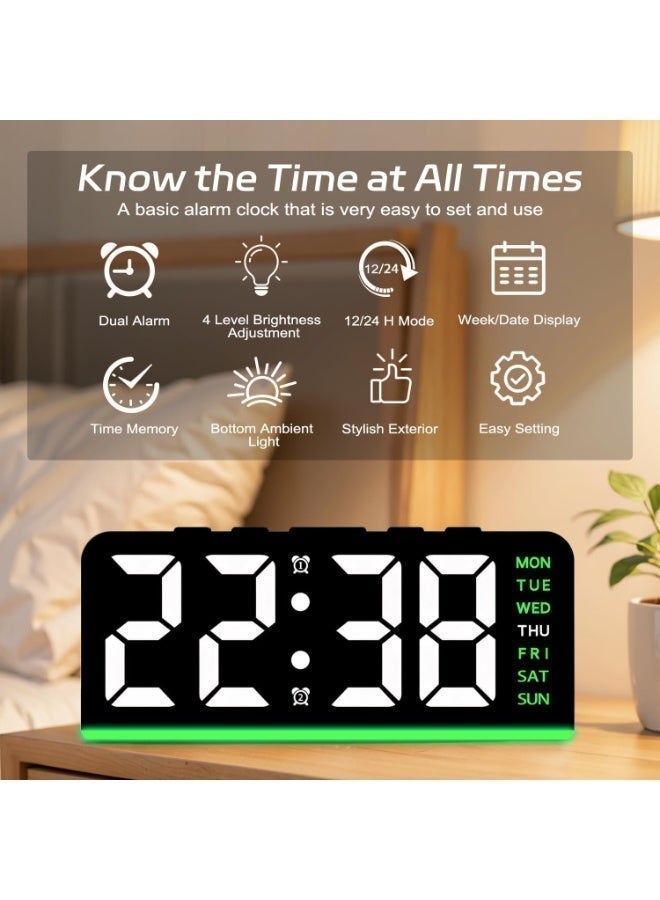 ساعة منبه رقمية ذكية بشاشة LED - منبه مزدوج، إضاءة محيطية سفلية، عرض التاريخ وأيام الأسبوع، 4 مستويات سطوع، ونظام 12/24 ساعة للمنزل والمكتب. - Image 2