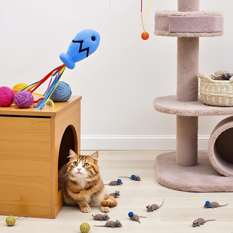 Nlinlin Blue Cat Wand Kitten Teaser Stick Portable Cat Teaser Fish Design Safe Colorful Balls Cats Feather Toys - Image 5