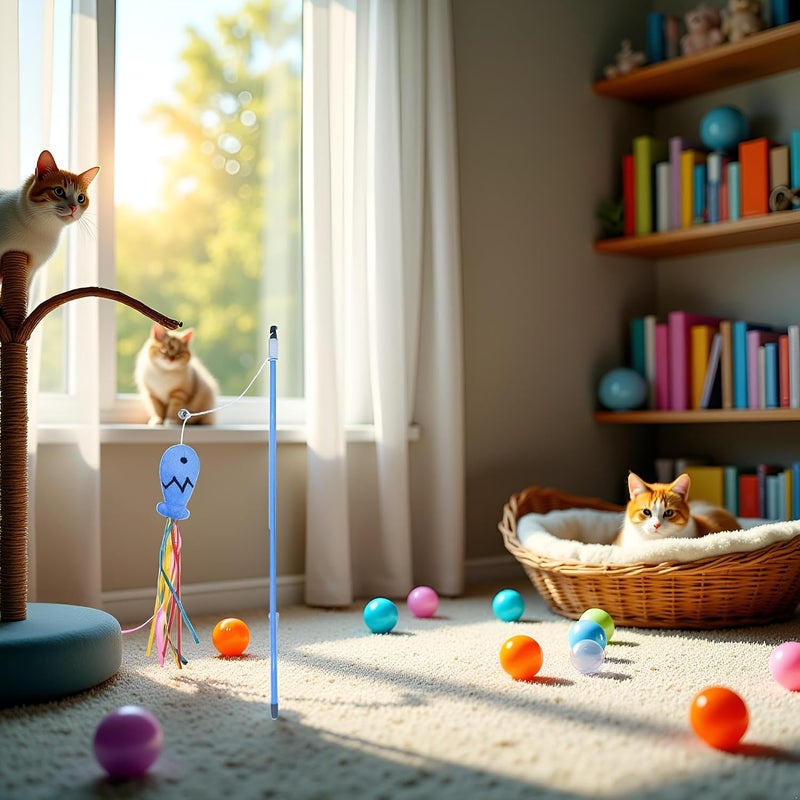 Nlinlin Blue Cat Wand Kitten Teaser Stick Portable Cat Teaser Fish Design Safe Colorful Balls Cats Feather Toys - Image 1