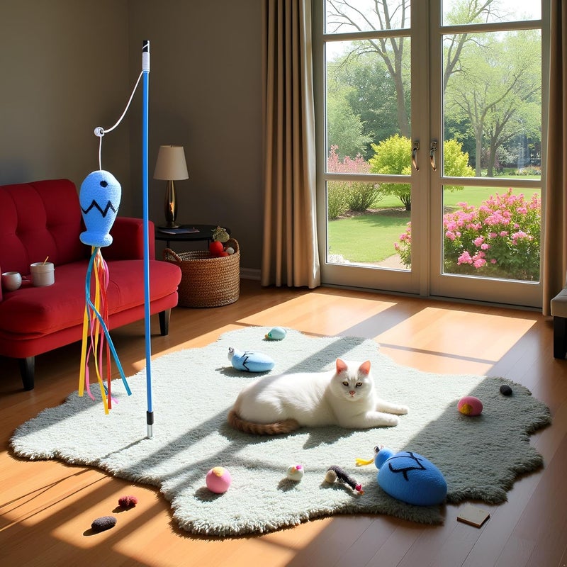 Nlinlin Blue Cat Wand Kitten Teaser Stick Portable Cat Teaser Fish Design Safe Colorful Balls Cats Feather Toys - Image 3