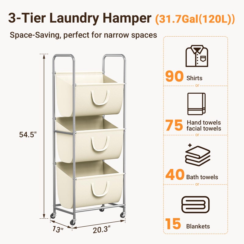 ELYKEN 120L Vertical Rolling Laundry Hamper with Removable Bags, 3 Section Laundry Baskets with Wheels, Space-Saving 3 Tier Laundry Sorter for Small Spaces, Dorm, Bedroom, Bathroom, Laundry Room - Image 3
