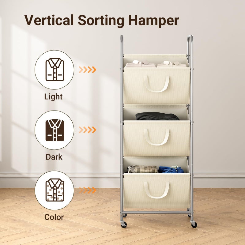 ELYKEN 120L Vertical Rolling Laundry Hamper with Removable Bags, 3 Section Laundry Baskets with Wheels, Space-Saving 3 Tier Laundry Sorter for Small Spaces, Dorm, Bedroom, Bathroom, Laundry Room - Image 5