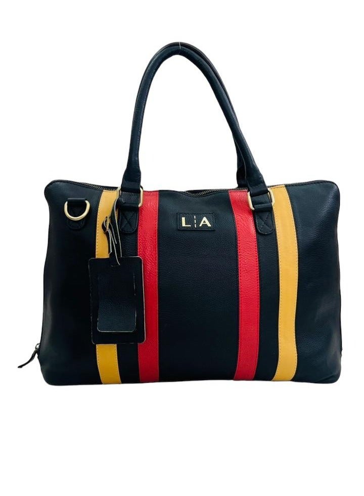 L A LA Leather Tote Bag with Striped Pattern  - Image 1