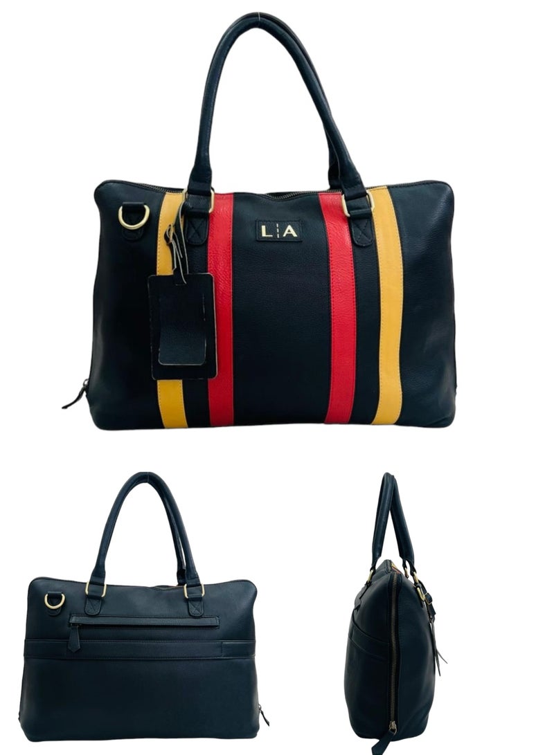 L A LA Leather Tote Bag with Striped Pattern  - Image 4