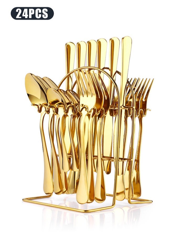24 Pieces Cutlery Set with Holding Stand, Stainless steel material， Including Knife,Fork,Spoon,Teaspoon (Golden)，Suitable for 6 people, household kitchen dining table utensils, dinner use, dishwasher safety，Convenient storage