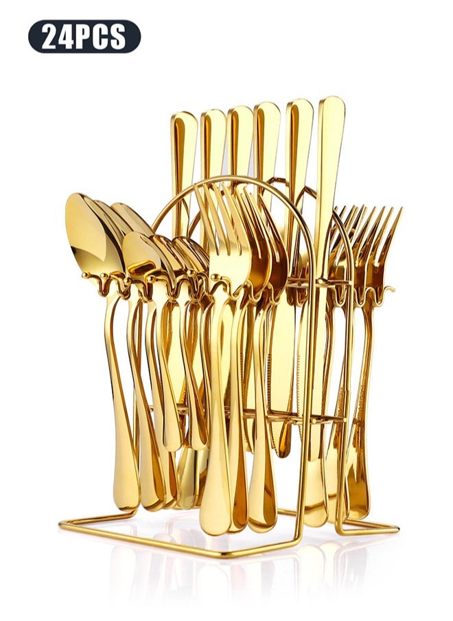 wowofa 24 Pieces Cutlery Set with Holding Stand, Stainless steel material， Including Knife,Fork,Spoon,Teaspoon (Golden)，Suitable for 6 people, household kitchen dining table utensils, dinner use, dishwasher safety，Convenient storage  - Image 1