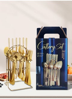 wowofa 24 Pieces Cutlery Set with Holding Stand, Stainless steel material， Including Knife,Fork,Spoon,Teaspoon (Golden)，Suitable for 6 people, household kitchen dining table utensils, dinner use, dishwasher safety，Convenient storage  - Image 2