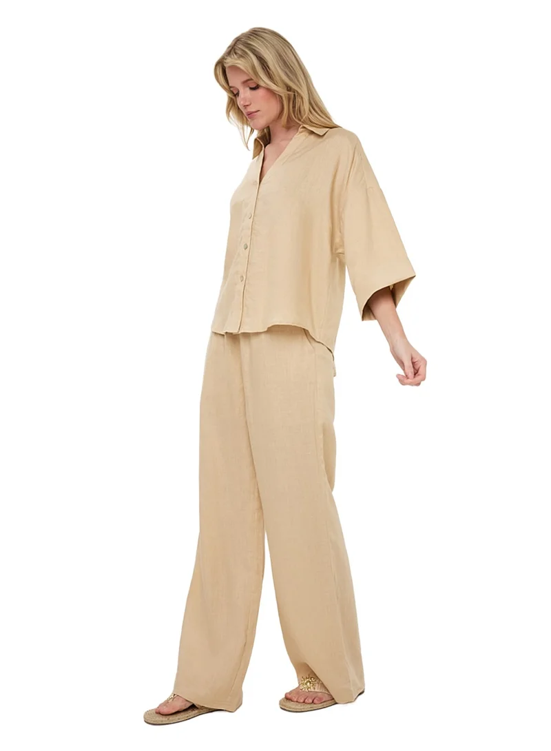 Esqualo Brown Esqualo Linen Blouse Turn Up for Women | Best Price UAE