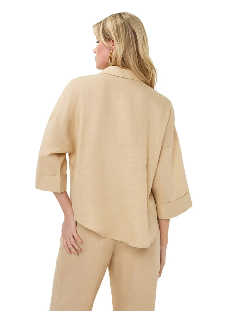 Esqualo Brown Esqualo Linen Blouse Turn Up for Women | Best Price UAE