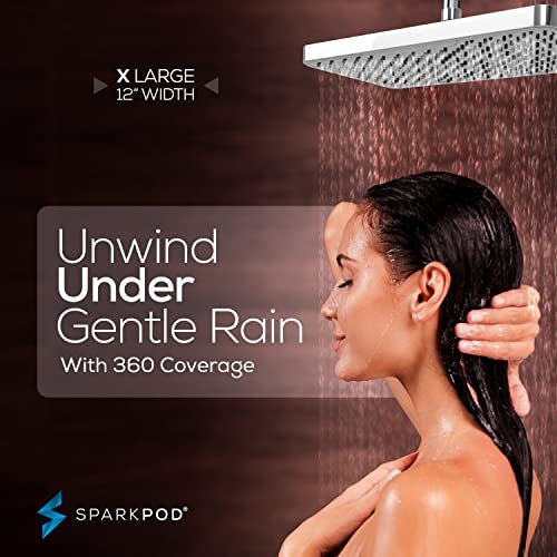 SparkPod 12 Inch Rectangle Rain Shower Head - Ceiling or Wall Mount Rainfall Shower Head - Large Coverage Showerhead - Brass Ball Joint with 360° Adjustment - 1-Min Install (Luxury Polished Chrome) - Image 4