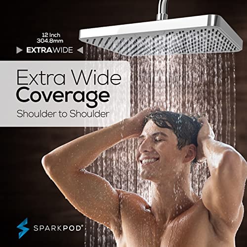 SparkPod 12 Inch Rectangle Rain Shower Head - Ceiling or Wall Mount Rainfall Shower Head - Large Coverage Showerhead - Brass Ball Joint with 360° Adjustment - 1-Min Install (Luxury Polished Chrome) - Image 3