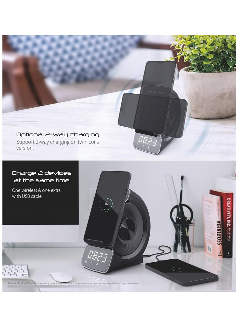 Generic - Fast Wireless Charger with Bluetooth Speaker Alarm Clock | Wireless Charging Stand Compatible with iPhone, Galaxy Note, Android Phones | Qi-Certified 10W Charger | Dual Alarm | FM Radio & Night Light - Image 1