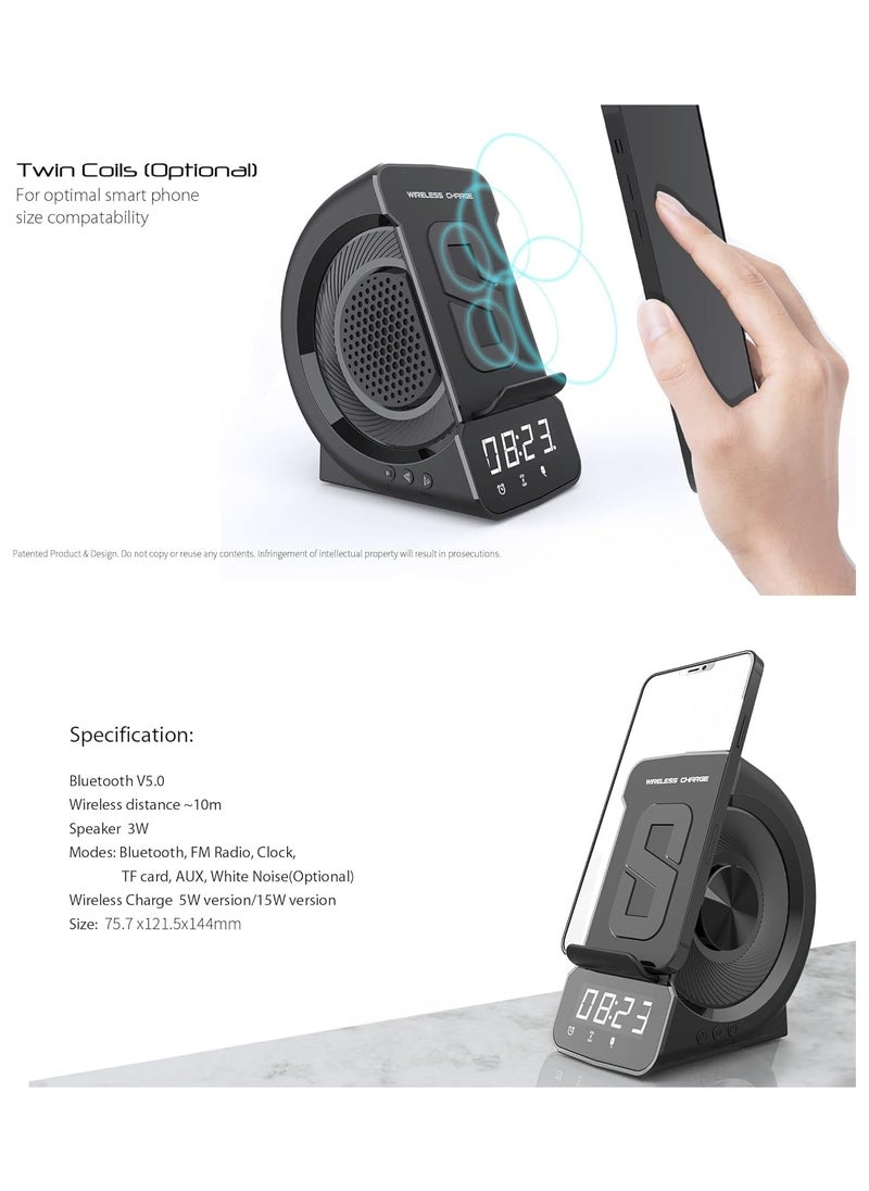 Generic - Fast Wireless Charger with Bluetooth Speaker Alarm Clock | Wireless Charging Stand Compatible with iPhone, Galaxy Note, Android Phones | Qi-Certified 10W Charger | Dual Alarm | FM Radio & Night Light - Image 1