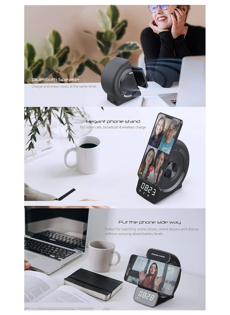 Generic - Fast Wireless Charger with Bluetooth Speaker Alarm Clock | Wireless Charging Stand Compatible with iPhone, Galaxy Note, Android Phones | Qi-Certified 10W Charger | Dual Alarm | FM Radio & Night Light - Image 1