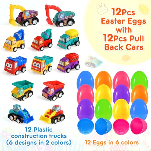 Duchong Prefilled Easter Eggs with Cars Toys for Easter Eggs Hunt12 Packs 28 Plastic Eggs with PullBack Construction Vehicles Surprise Eggs Easter Theme Party Favor Basket Stuffers Filler - Image 5