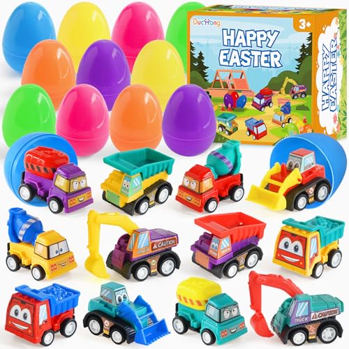 Duchong Prefilled Easter Eggs with Cars Toys for Easter Eggs Hunt12 Packs 28 Plastic Eggs with PullBack Construction Vehicles Surprise Eggs Easter Theme Party Favor Basket Stuffers Filler - Image 1