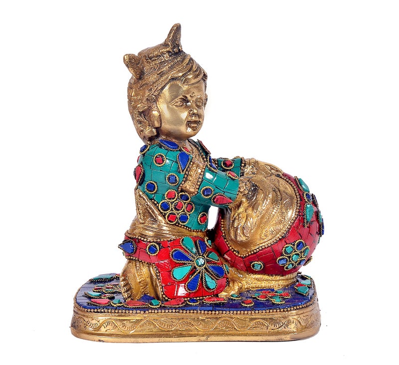 Aone India Hand Carved Baby Krishna Brass Sculpture-Butter Thief Height 7 Inch - Image 2