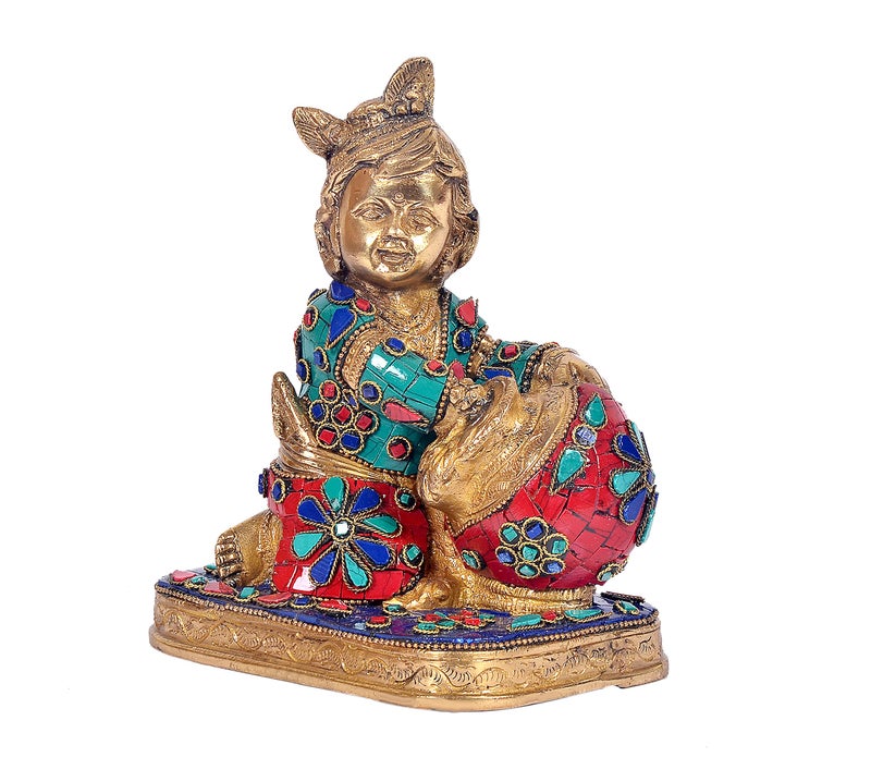 Aone India Hand Carved Baby Krishna Brass Sculpture-Butter Thief Height 7 Inch - Image 1
