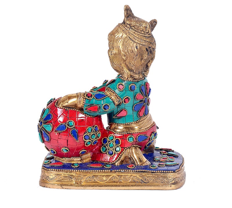Aone India Hand Carved Baby Krishna Brass Sculpture-Butter Thief Height 7 Inch - Image 3