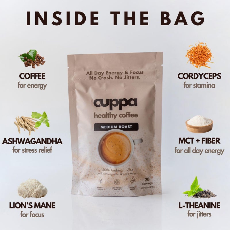 Cuppa Healthy Mushroom Insant Coffee with Lion's Mane & Ashwagandha for All Day Energy & Focus - No Crash or Jitters - Nootropics for Brain Health, Gut Health, Immunity, Stress, Memory + Mood (30 Servings, Medium Roast) - Image 2