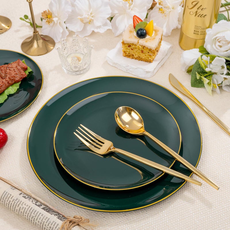 bUCLA 200PCS Green Plastic Plates - Green Disposable with Gold Rim Include 100 Dinner 10 inch & 100 Dessert 7 inch Plates, Ideal for Party & Christmas - Image 3