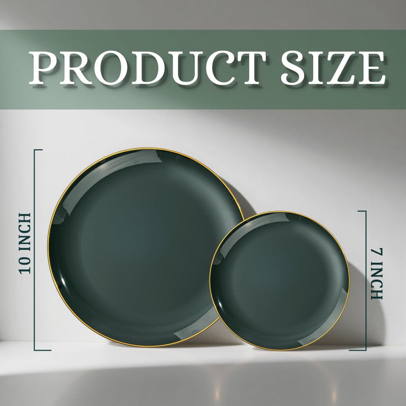 bUCLA 200PCS Green Plastic Plates - Green Disposable with Gold Rim Include 100 Dinner 10 inch & 100 Dessert 7 inch Plates, Ideal for Party & Christmas - Image 2