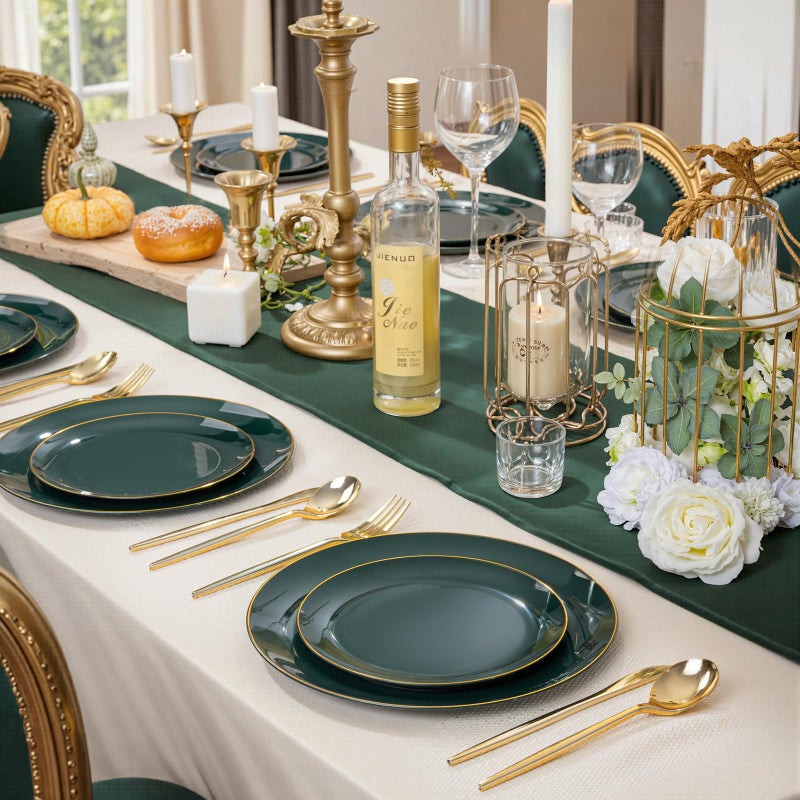 bUCLA 200PCS Green Plastic Plates - Green Disposable with Gold Rim Include 100 Dinner 10 inch & 100 Dessert 7 inch Plates, Ideal for Party & Christmas - Image 5