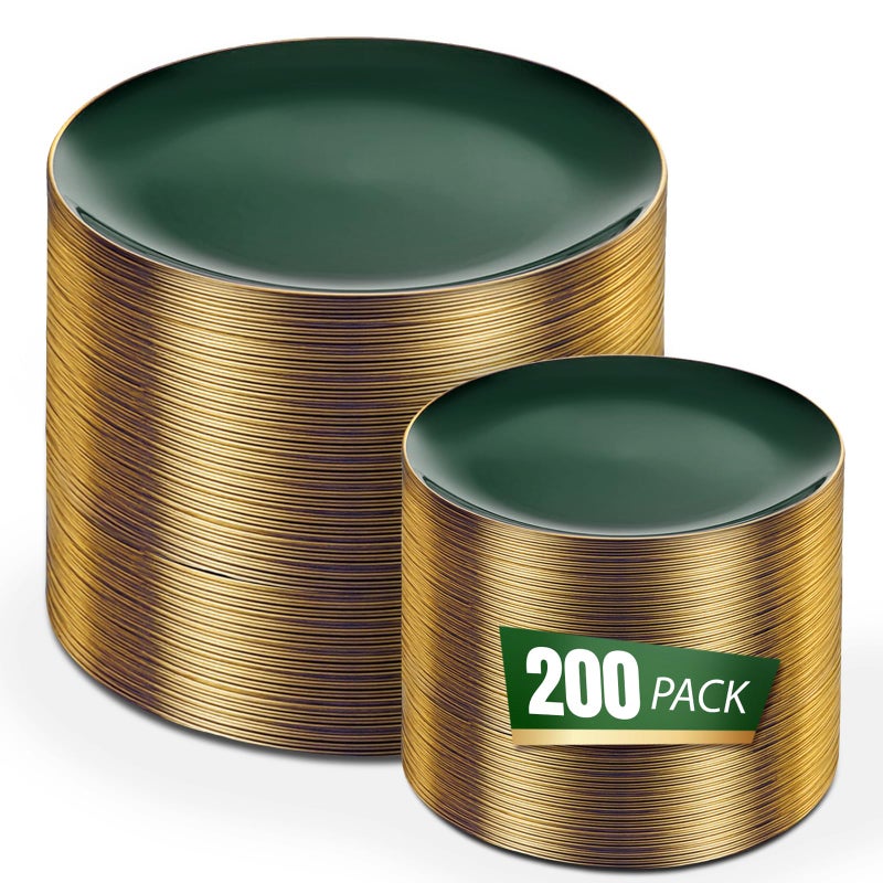 bUCLA 200PCS Green Plastic Plates - Green Disposable with Gold Rim Include 100 Dinner 10 inch & 100 Dessert 7 inch Plates, Ideal for Party & Christmas - Image 1