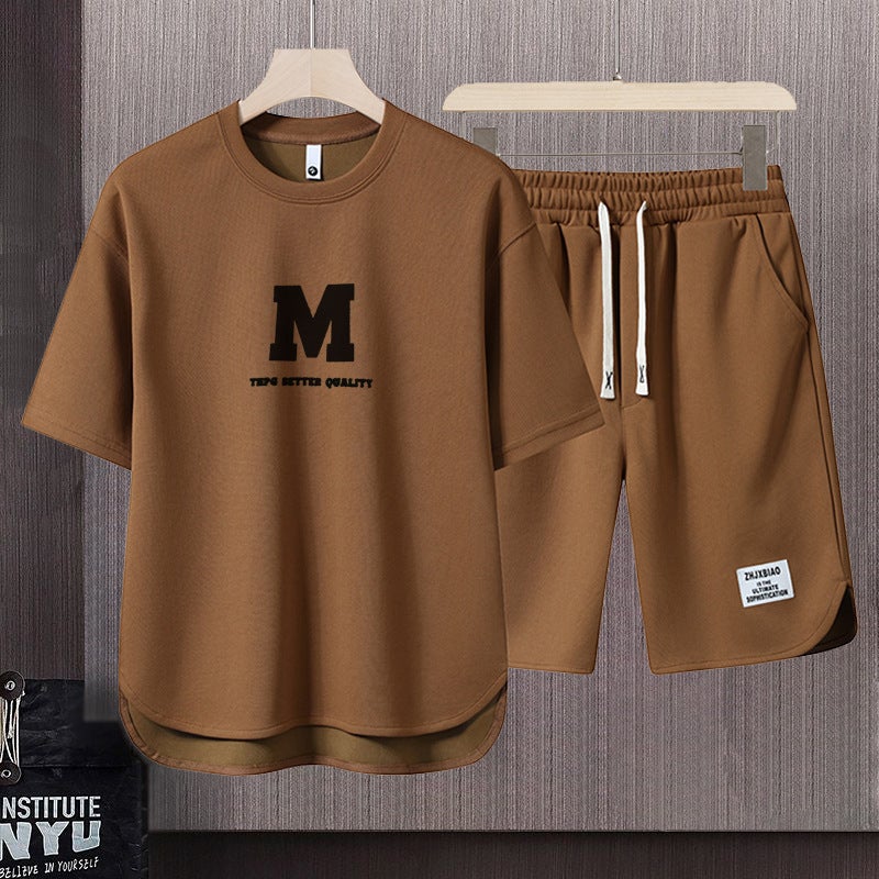 2023 new casual summer suit mens trendy loose Youth student short sleeve shorts handsome two-piece suit Brown - Image 1