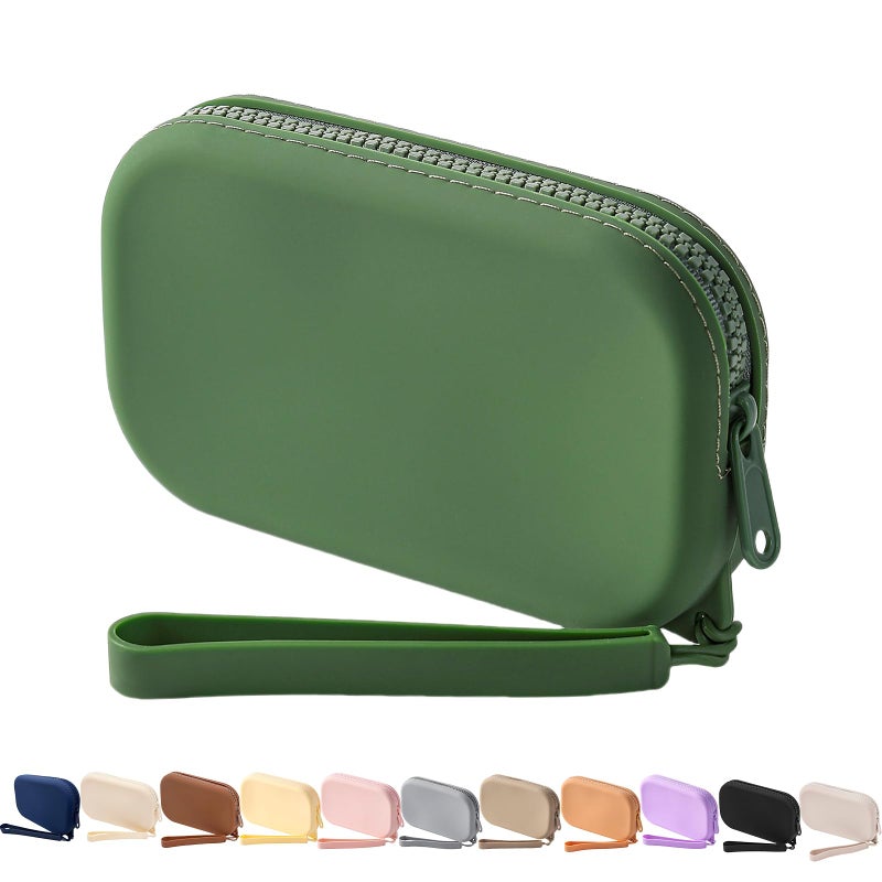 WHHJM Small Silicone Multifunctional Essential Bag Portable Travel Makeup Bag for Women Men Cards Cash Bag Zipper Pouch (Green) - Image 1