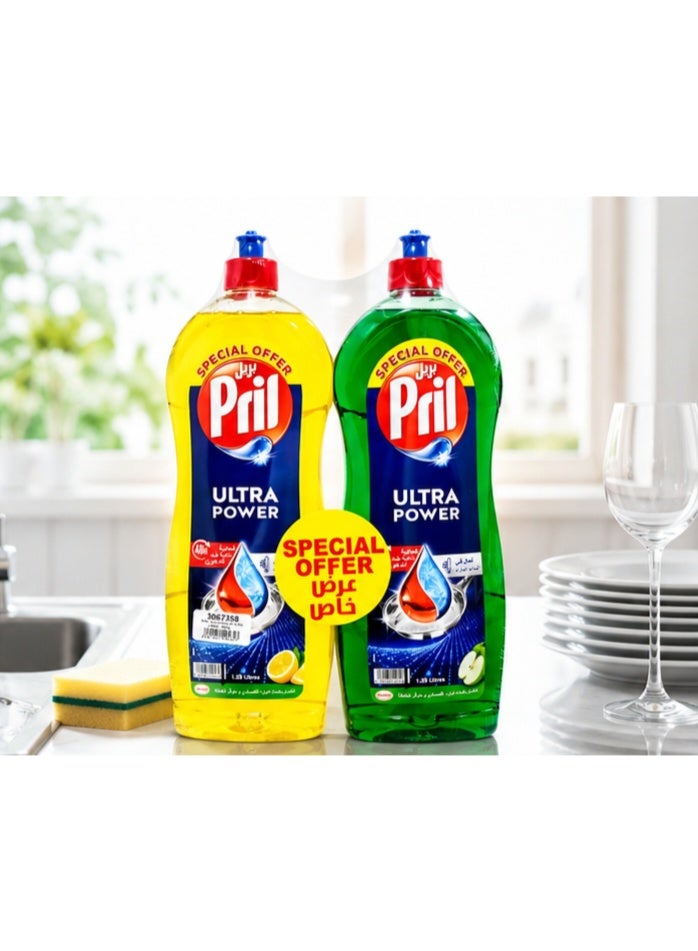 Pril Ultra Power Dishwashing Liquid, Lemon & Apple, 2 x 1.25L Special Offer Pack