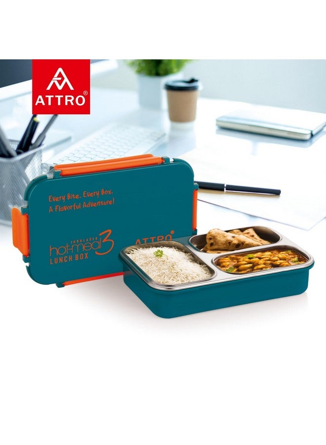 ATTRO Hot-Meal 3 Insulated Lunch Box with 3 Compartment, Inner Stainless Steel & Locking Lid BPA-Free Food Grade Ideal for School, Office - 900ml Dark Blue - Image 3