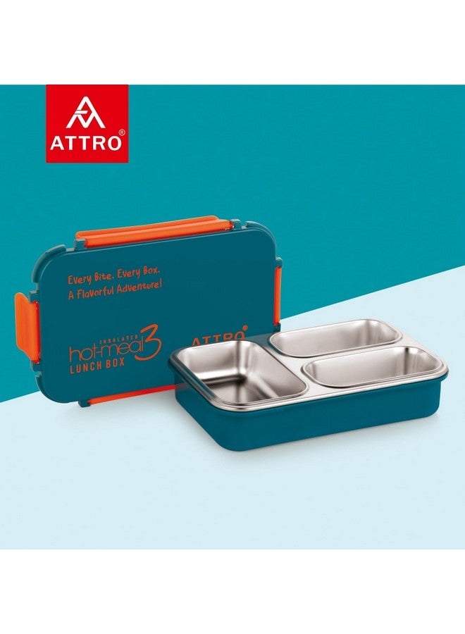 ATTRO Hot-Meal 3 Insulated Lunch Box with 3 Compartment, Inner Stainless Steel & Locking Lid BPA-Free Food Grade Ideal for School, Office - 900ml Dark Blue - Image 5