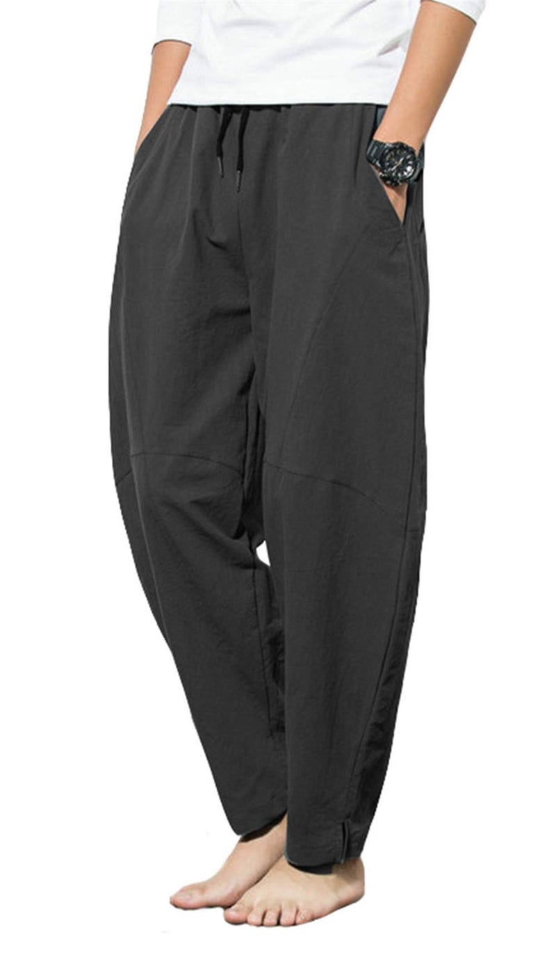 PACEIADTA Men's Cotton Linen Drawstring Pants Elastic Waist Casual Summer Beach Pants (Medium, Black) - Image 2