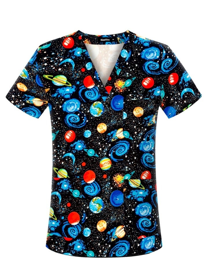 Loquat Cartoon Printed V-Neck Medical Uniform Scrubs Top Comfty Soft Workwear