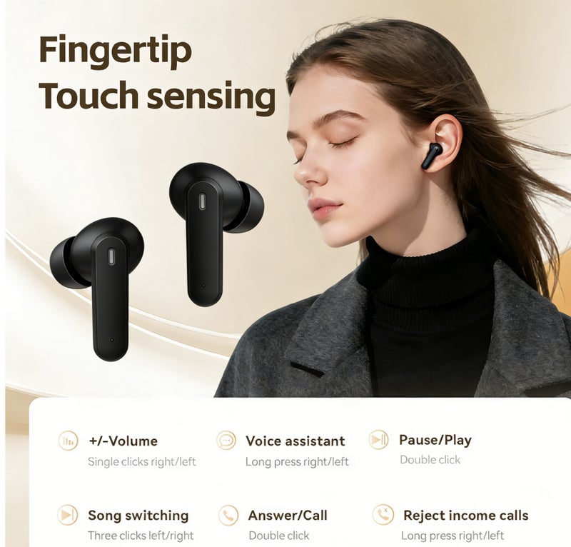 مُوطْمُوك  M154 2026 Wireless Bluetooth Headphones, Bluetooth 6.0 Earbuds with Dynamic Large Digital Display, 0-Latency Gaming Mode, AI Call Noise Reduction & Spatial Audio – Lightweight Touch Control Earbuds for Sports, Work, and Daily Use (black) - Image 3