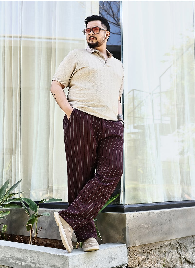 Instafab Plus Instafab Plus Men's Burgundy Red Pinstriped Chino Trousers For Casual Wear | Mid-Rise | Regular Fit | Drawstring Closure | Plus Size Trousers Crafted With Comfort Fit For Everyday Wear  - Image 5