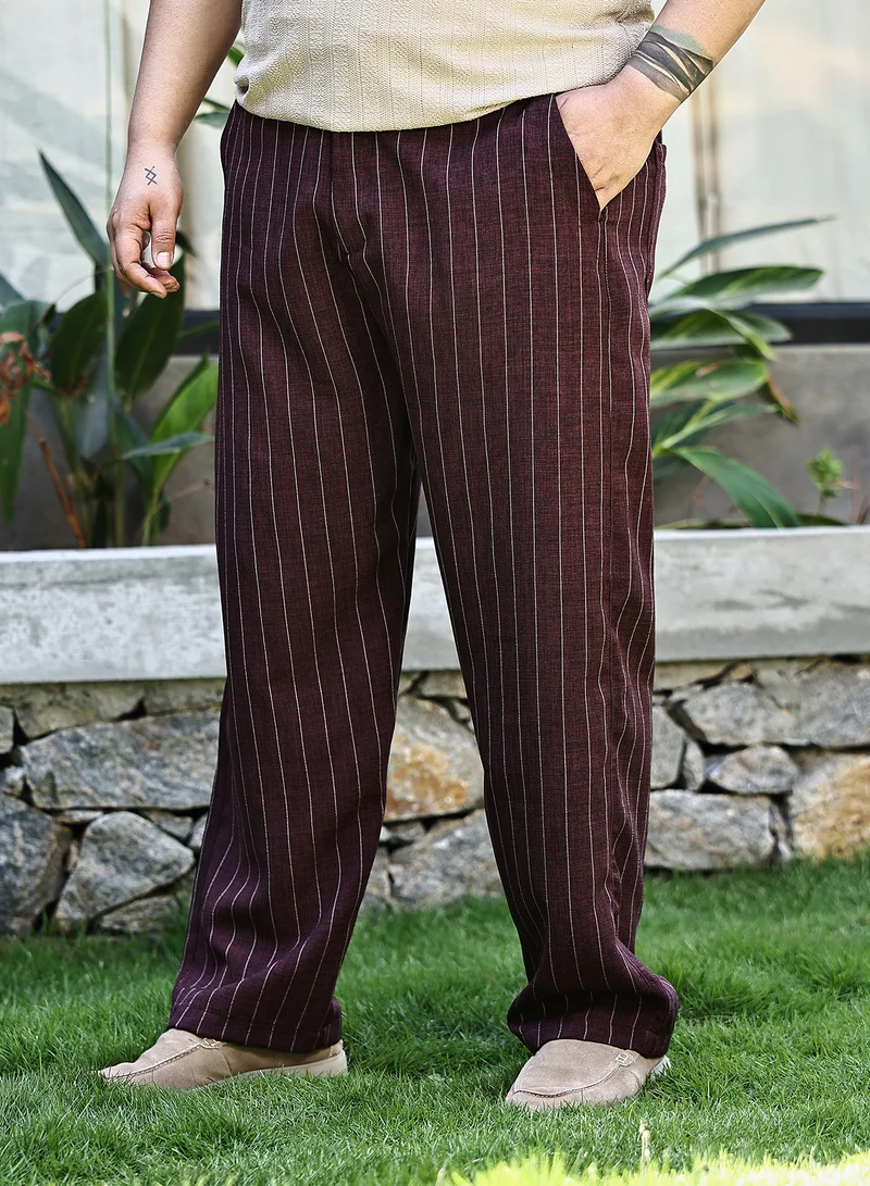 Instafab Plus Instafab Plus Men's Burgundy Red Pinstriped Chino Trousers For Casual Wear | Mid-Rise | Regular Fit | Drawstring Closure | Plus Size Trousers Crafted With Comfort Fit For Everyday Wear