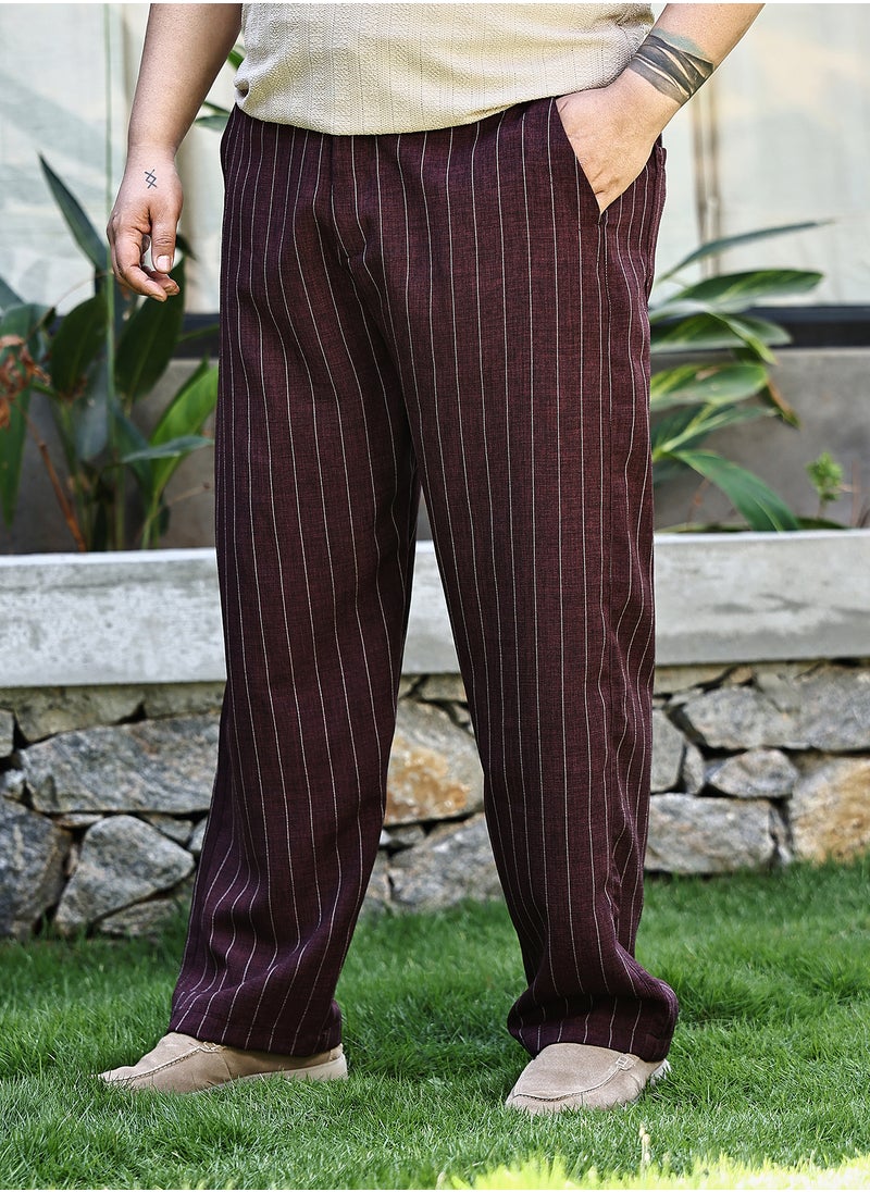 Instafab Plus Instafab Plus Men's Burgundy Red Pinstriped Chino Trousers For Casual Wear | Mid-Rise | Regular Fit | Drawstring Closure | Plus Size Trousers Crafted With Comfort Fit For Everyday Wear  - Image 3