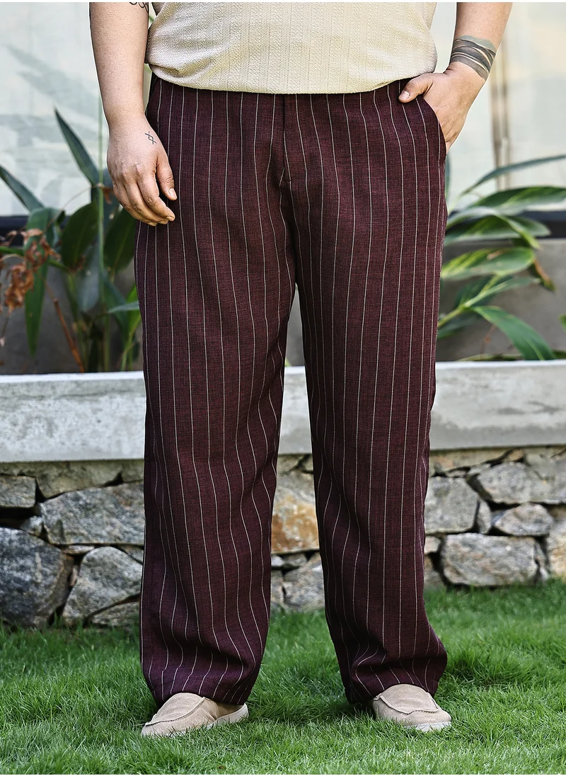 انستافاب بلس Instafab Plus Men's Burgundy Red Pinstriped Chino Trousers For Casual Wear | Mid-Rise | Regular Fit | Drawstring Closure | Plus Size Trousers Crafted With Comfort Fit For Everyday Wear